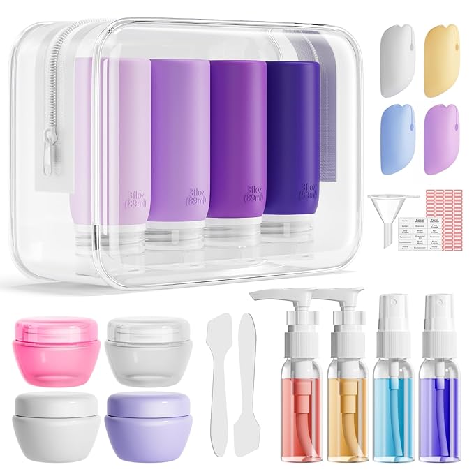Muslish 21 Pack Travel Bottles for Toiletries, Leak-Proof TSA Compliant Silicone Travel Size Containers for Shampoo and Conditioner, BPA Free with Toiletry Bag (Purple)