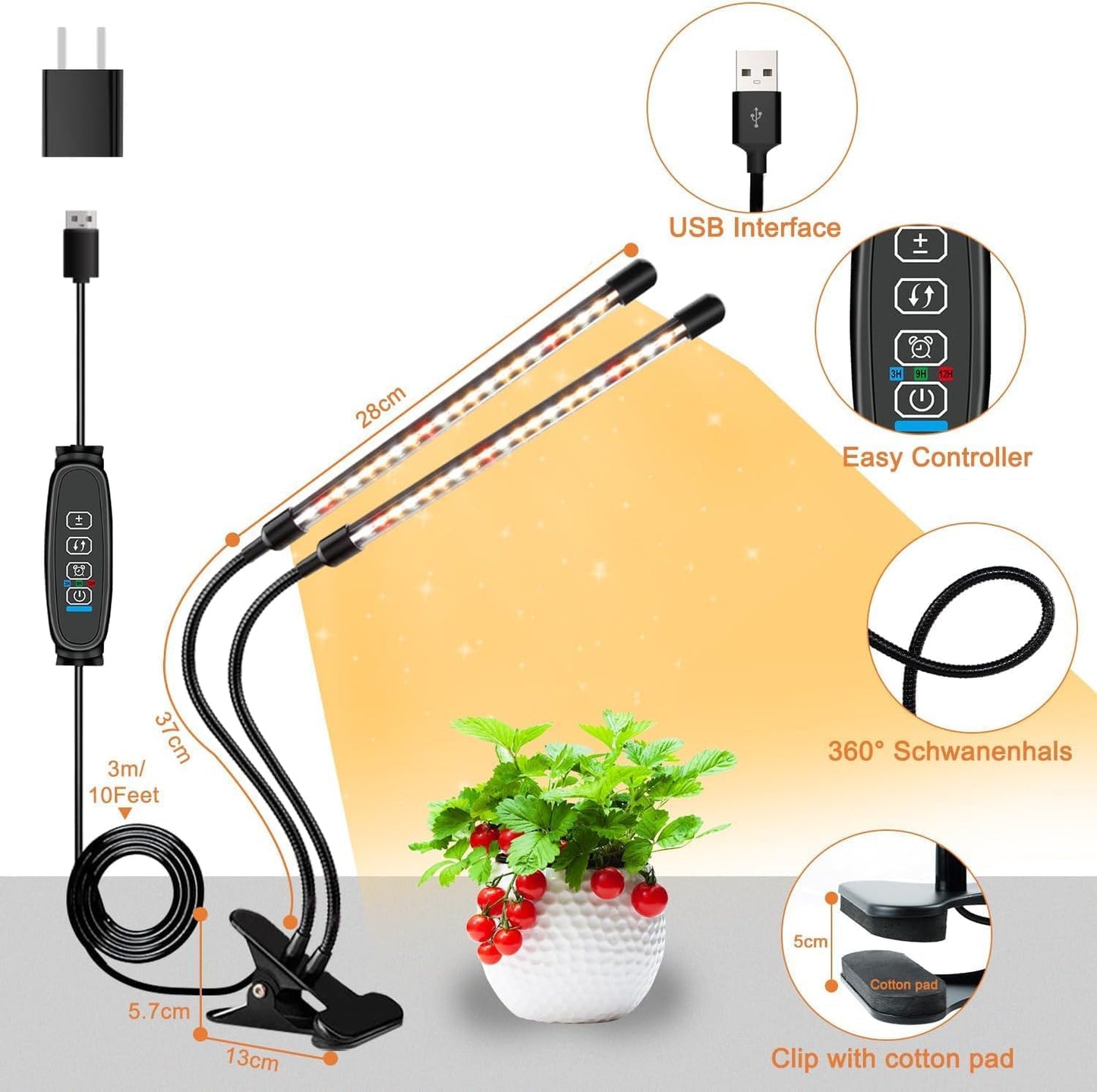 SDOVUERC 4 Heads Grow Lights for Indoor Plants, Full Spectrum LED Plant Lamps with Clips and 120 inch Cables for Seeding Growing(with Adapter)