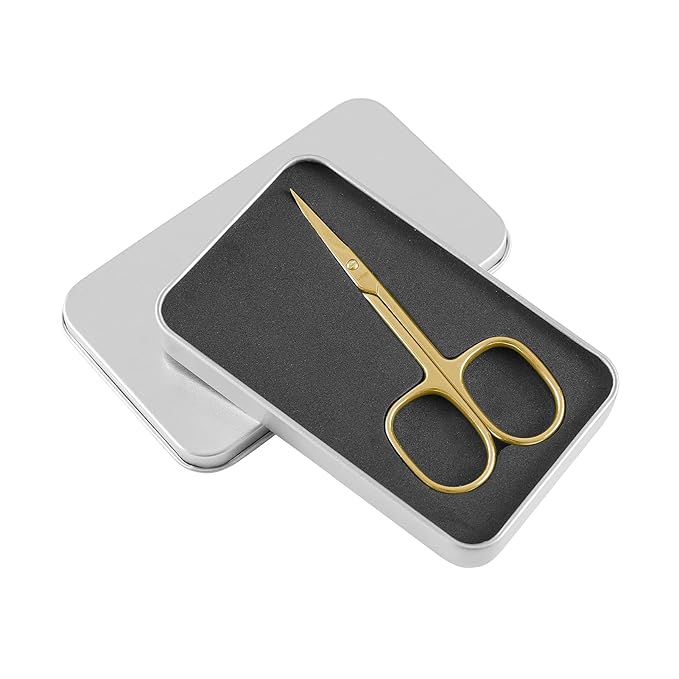 LIVINGO Stainless Steel Cuticle Nail Scissors, Premium Sharp Curved Blade Multi-purpose Sharp Cuticle Eyebrows Manicure Pedicure Beauty Grooming Scissors with Case, 3.5" Gold
