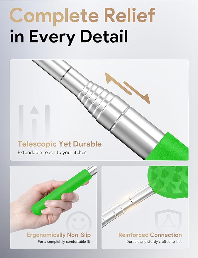 TUKUOS Telescoping Back Scratcher with 5 Detachable Scratching Heads, Valentines Day Gifts for Him Men, Anniversary Birthday Gifts for Men Women Back Scratcher for Men/Dad/Women/Adults - Green