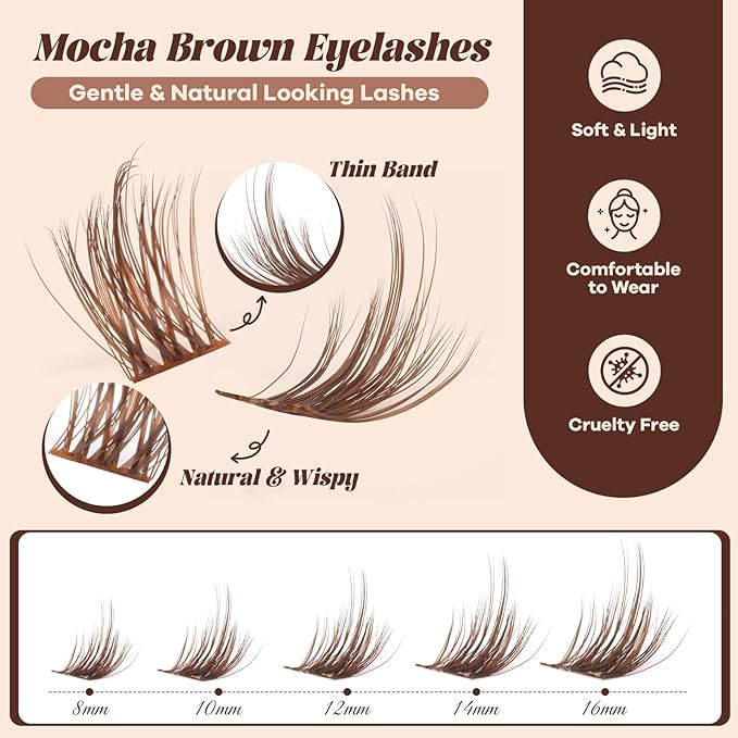 B&Q Brown Lash Clusters Natural Lash Clusters for Light Hair, Reusable MochaLash Cluster Eyelash Extensions Soft Brown False Eyelashes Comfortable Eyelash Clusters Perfect for Occasions（MochaLash 02）