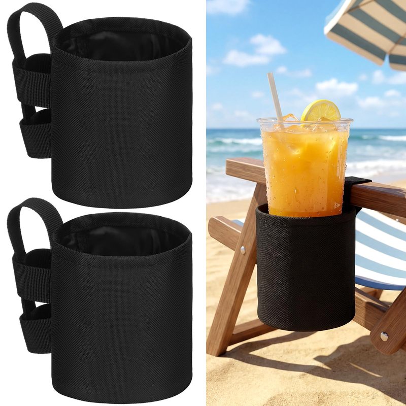 Patelai 4 Pack 4.1x3.5in Beach Chair Cup Holder Camping Chair Drink Holder, Portable Universal Water Bottle Organizer Accessories for Outdoor Beach Camping Lawn Fishing Pool Patio Loungers (Black)