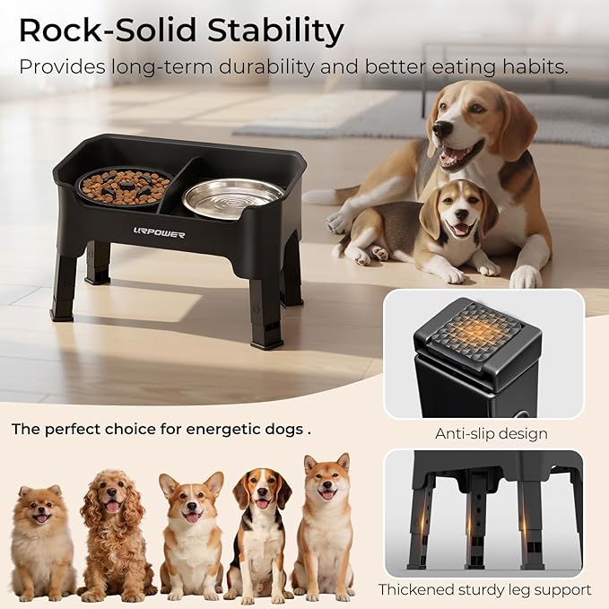 URPOWER Mess Proof Slow Feeder Dog Bowls 4 Height Adjustable Elevated Bowl Stand with Stainless Steel Water Bowl and Slow Feeder Non-Slip Dog Food Bowls Stand for Small & Medium Dogs