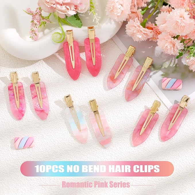KesaPlan 10PCS No Bend Hair Clips, Pink No Crease Hair Clips for Styling, Acrylic Resin Flat Duckbill Clips, Seamless Bang Hair Barrette for Women Girls Makeup Hairstyle Accessories
