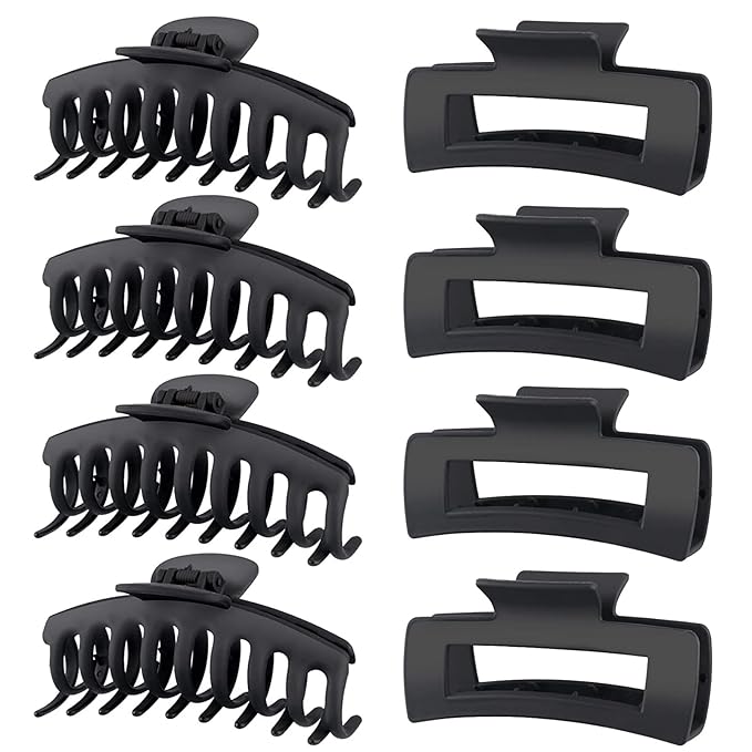 TOCESS 8 Pack Black Big Hair Claw Clips for Women Large Claw Clip for Thin Thick Curly Hair 90's Strong Hold 4.33 Inch Nonslip Matte Jumbo Hair Clips