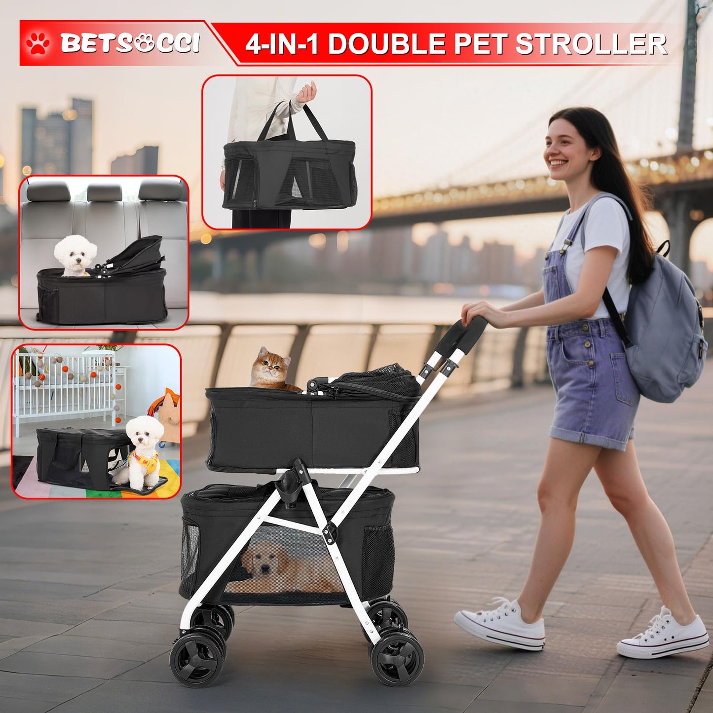 BETSOCCI Double Dog Stroller with 2 Detachable Carrier, Portable Pet Stroller for Small Dogs & Cats Folding Lightweight Puppy Travel Carriage, 4 Wheels, Black