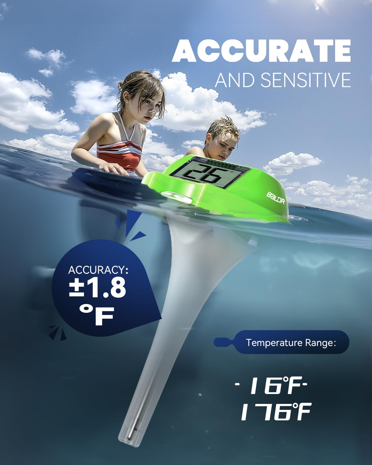 BALDR Pool Thermometer Floating Easy Read, Solar Digital Pool Thermometer with Dual Large Screens, IPX7 Water Temperature Gauge for Inground Above Ground Pools & Spas (Green)