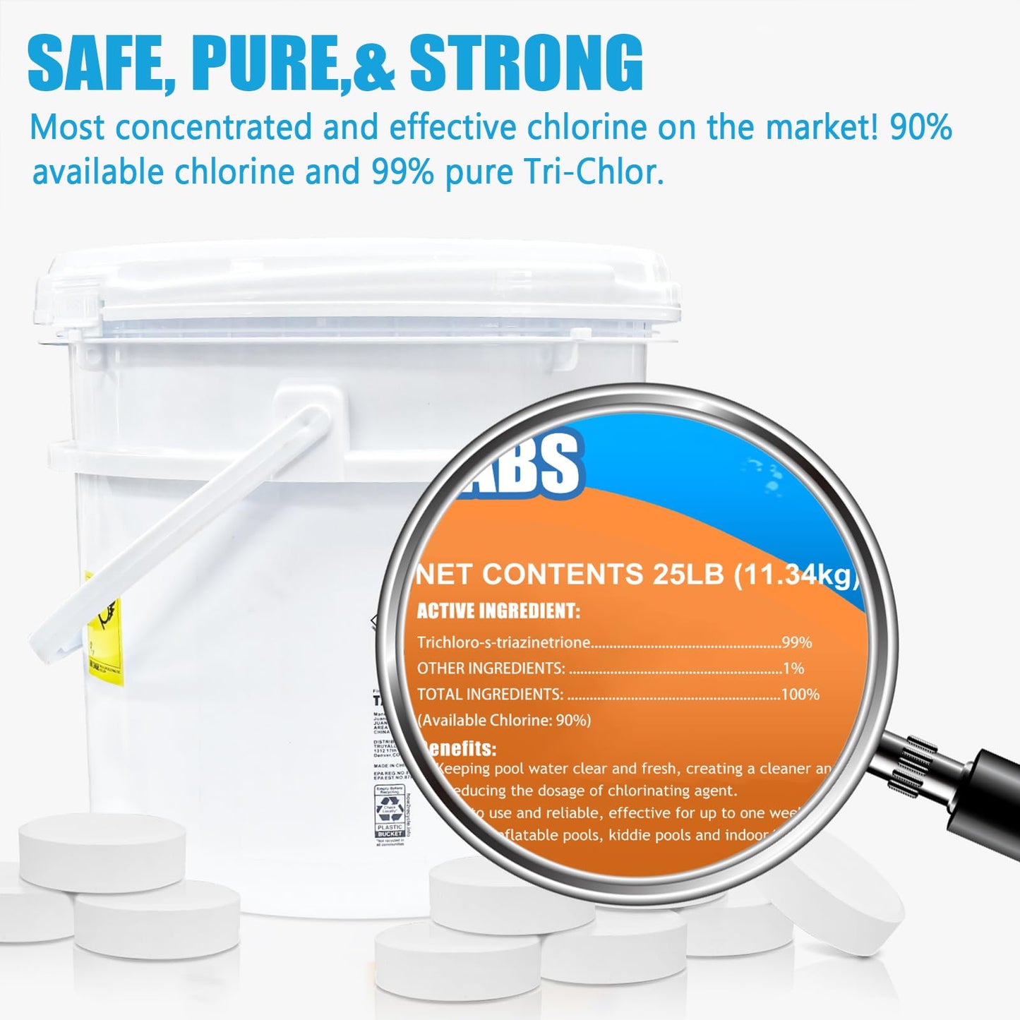 Chlorine Tablets 3 inch 25 Pounds, TABIT Swimming Pool Long Lasting Chlorinating Tablets, Slow Dissolving, Tri-Chlor for Swim Pool, Hot Tubs, Spa