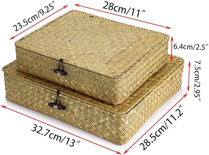 Hipiwe Natural Seagrass Storage Bins with Lid, Woven Wicker Basket Boxes Home Organizer Bins Shelf Organizer Box,Set of 2