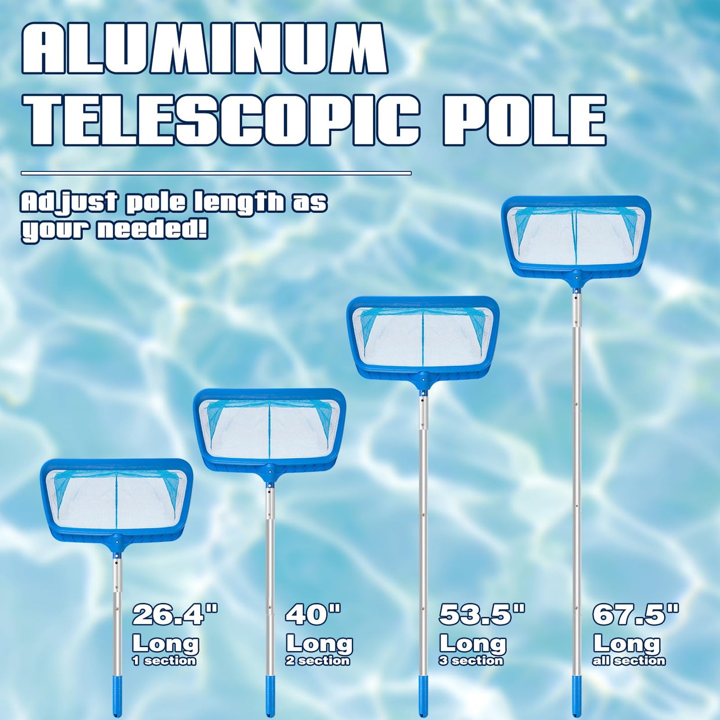 Pool Skimmer - Pool Net with Pole, 4 Section, 26.4"-66.5" Thick Adjustable Telescopic Pole & Fine Mesh Pool Skimmer Net,Larger Capacity Pool Nets for Cleaning, Durable Deep Rake Pool Net Skimmer