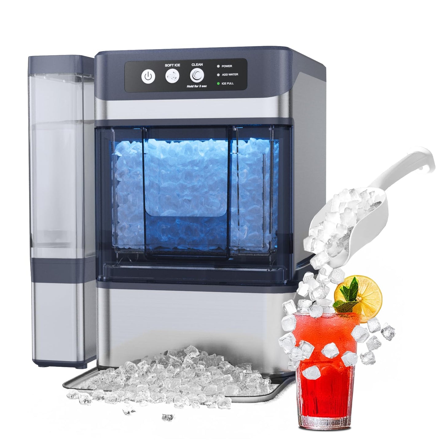 Countertop Nugget Ice Maker with Water Tank, 40 lbs/24H, 5-8min Ready, Self-Cleaning, Chewable Pellet Ice, Stainless Steel Counter Table Ice Machine for Home, Office, RV, Camping