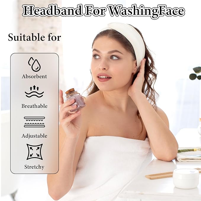 3 Pack Adjustable Spa Facial Headband, Ultra Soft Cotton Spa Hair Wrap, Adjustable Non-Slip Terry Cloth Bath Headband Non Slip for Washing Face, Makeup and Shower