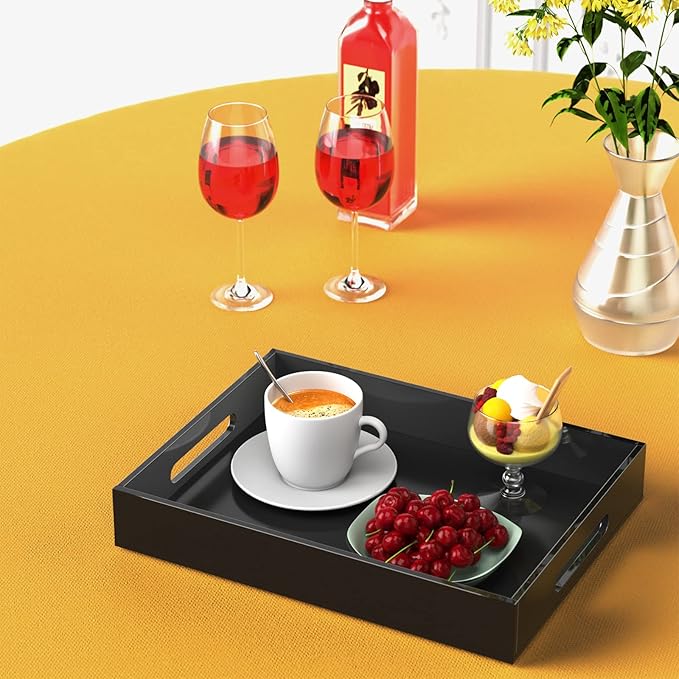 KOTEMON Acrylic Serving Tray with Handles-16x12x2.36Inch-Decorative Tray Letter Tray Organizer for Ottoman Coffee Table Countertop, Black