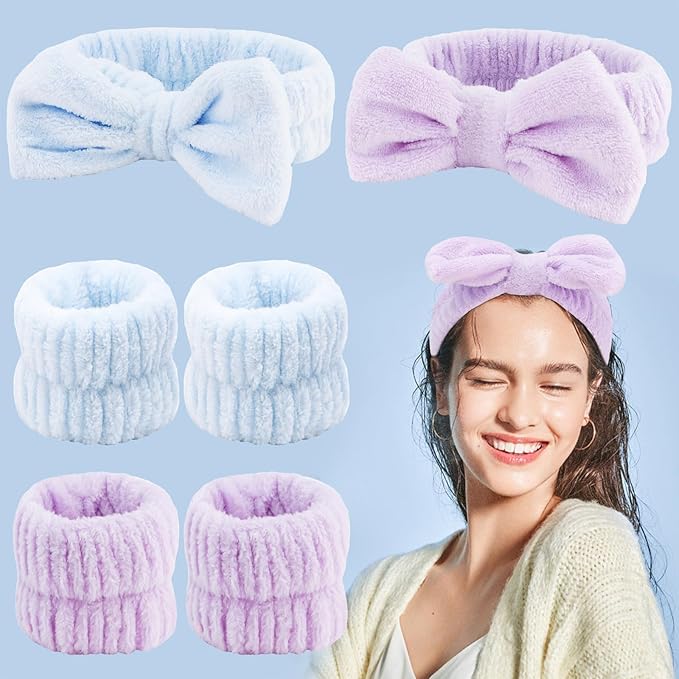 VELSCRUN Spa Headband, Makeup Face Wash Skincare Headbands, Bow Hair Band Party Favors for Washing Face, Stocking Stuffers For Women Teen Girls Christmas Gifts Hair Accessories Blue Purple