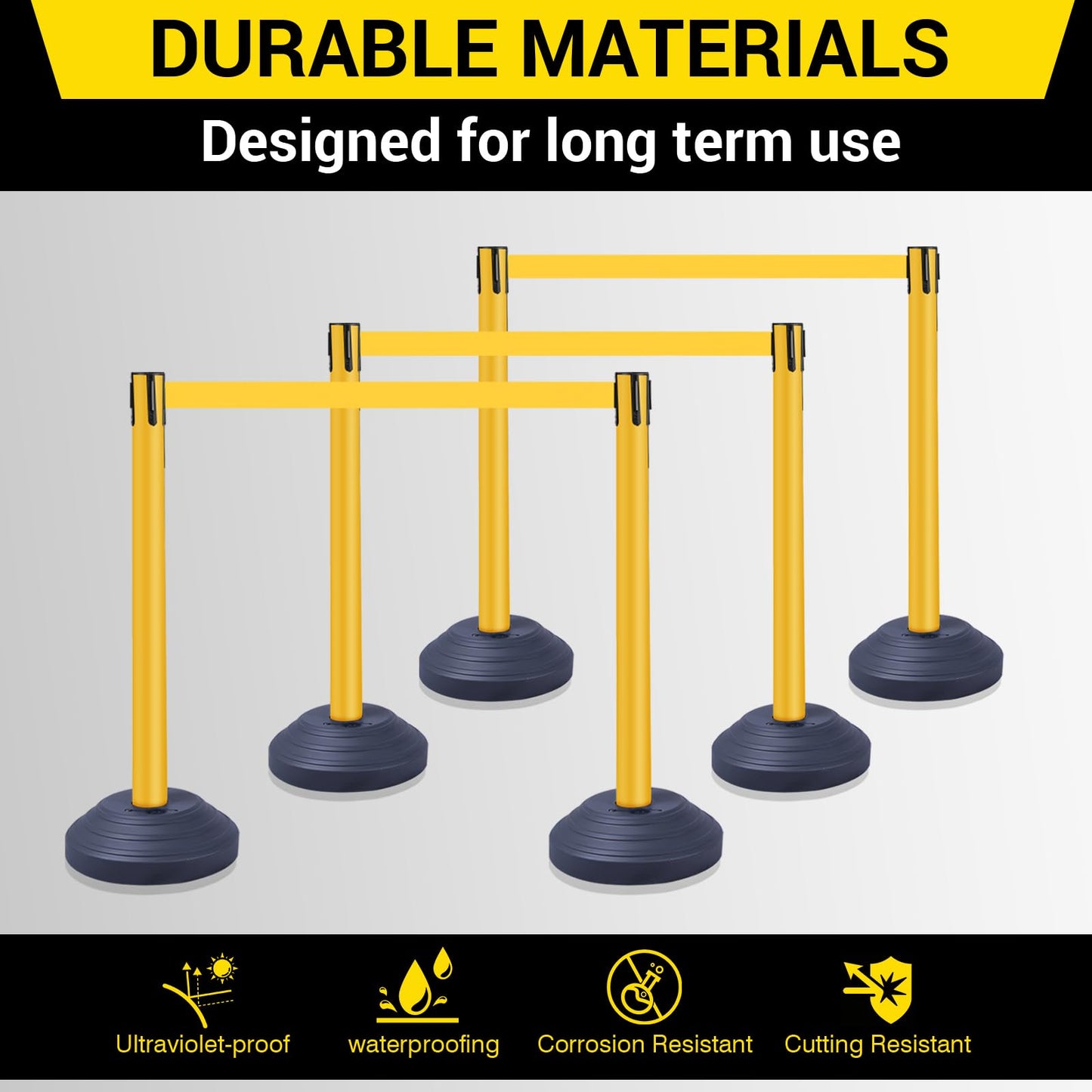 Vilnow 10 ft Crowd Control Stanchion Set, Yellow Crowd Control Barrier with Retractable Belts & Water-Filled Base, Queue Management Stanchion (6 Pack)
