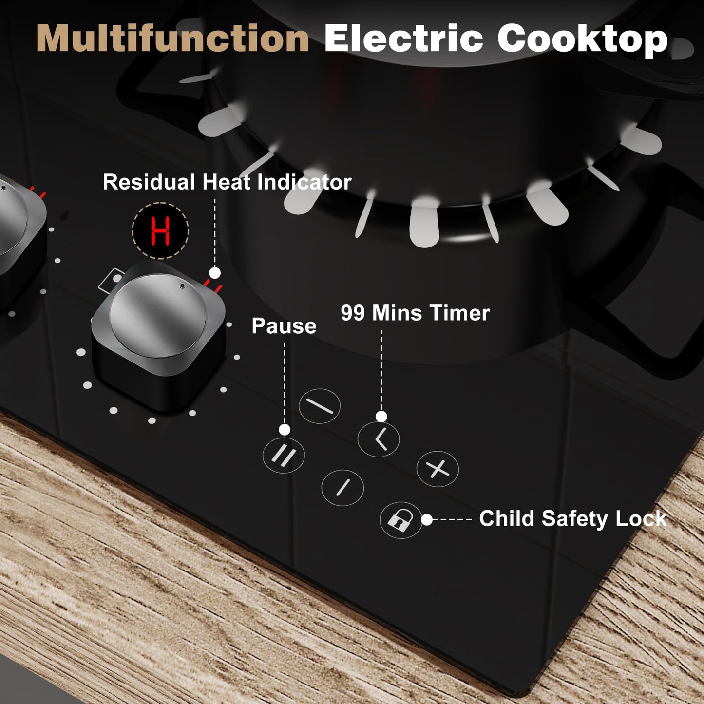 Karinear 110V Electric Cooktop 2 Burners, 12 Inch Electric Stove with Plug in, Countertop & Built-in Ceramic Stove Top, Knob and Sensor Touch Control, Multifunctional Radiant Stove(Silver knob)