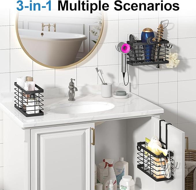 Sevenblue Hair Tool Organizer, 2026 Upgraded 3-in-1 Universal Hair Dryer Holder, Adjustable Height Metal Blow Dryer Holder Wall Mounted/Over Cabinet Door/Free-Standing (Black)