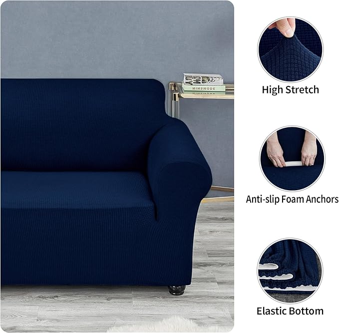 Joccun Stretch Loveseat Couch Cover Slipcover, 1-Piece Sofa Cover for 2 Cushion Couch Spandex Jacquard Washable Furniture Protector Cover for Living Room,Kids,Pets（Loveseat,Navy）