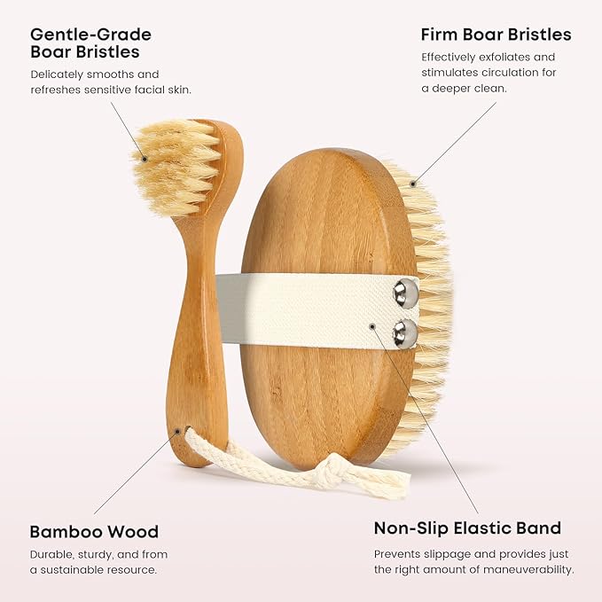 eaxun Bamboo Dry Brushing Body Brush Set, Natural Exfoliating Boar Bristle Face & Body Scrub Brush for Lymphatic Drainage, Cellulite, Blood Circulation and Glowing Skin, 2 Pack