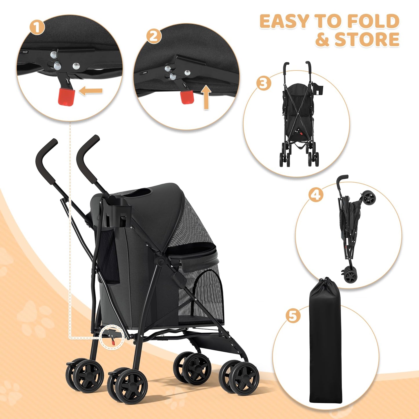 Magshion Compact Pet Stroller for Small-Medium Dogs/Cats up to 22lbs, 4-Wheel Lightweight Umbrella Shaped Portable Puppy Travel Jogger with Breathable Mesh, Cup Holder & Rear Storage, Black