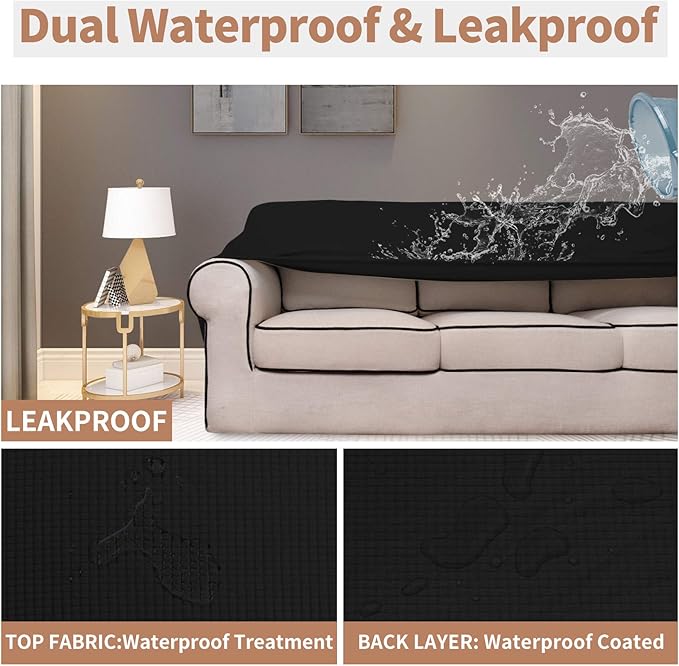 Easy-Going 100% Waterproof Chair Couch Cover, Dual Waterproof Sofa Cover, Stretch Jacquard Sofa Slipcover, Leakproof Furniture Protector for Kids, Pets, Dog and Cat (Chair, Black)