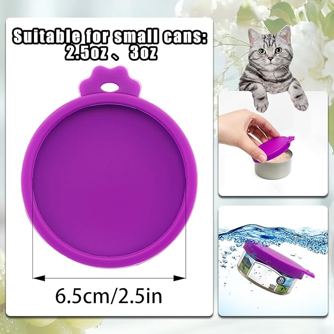 PINE & LINEN 4 Pcs 2.5inch Durable Pet Can Lids,Silicone Small Pet Can Covers Waterproof Cat Food Cans Lids for 3 oz Cat Food Cans（Purple）