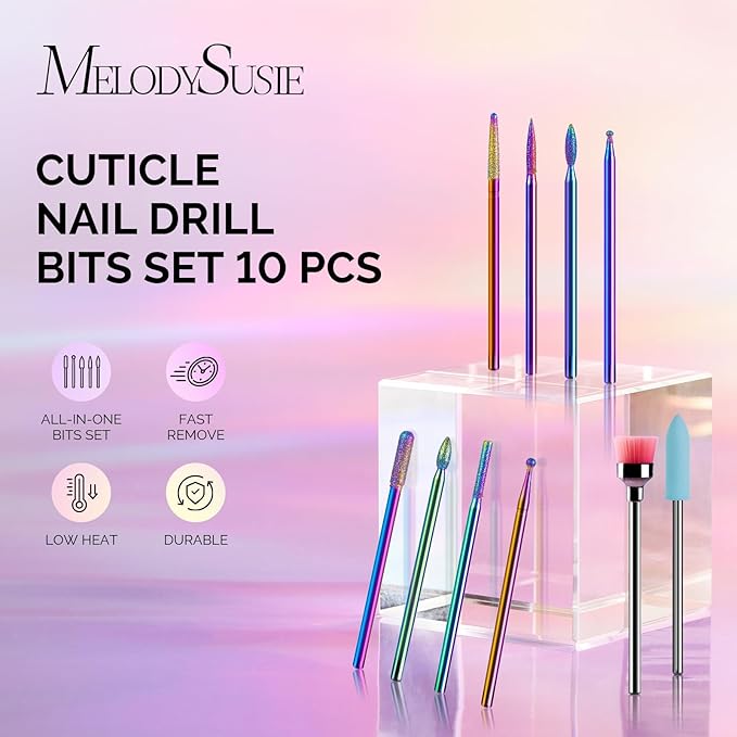 MelodySusie 10pcs Nail Drill Kit, 3/32 Inch Diamond Cuticle Bits, Manicure Pedicure Remover Tools, Salon Home Nail Care Supplies, Rainbow