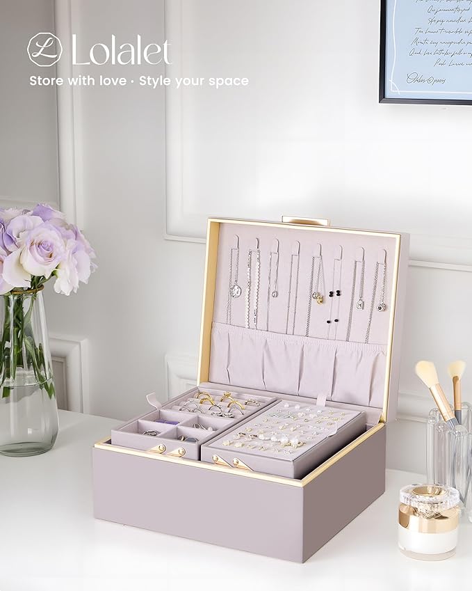 Lolalet Jewelry Box Organizer for Women Girls, 2 Layer Jewelry Organizers and Storage for Necklace Earrings Rings Bracelets, Large Jewellery Holder Case Birthday Valentine Gifts -HazePurple