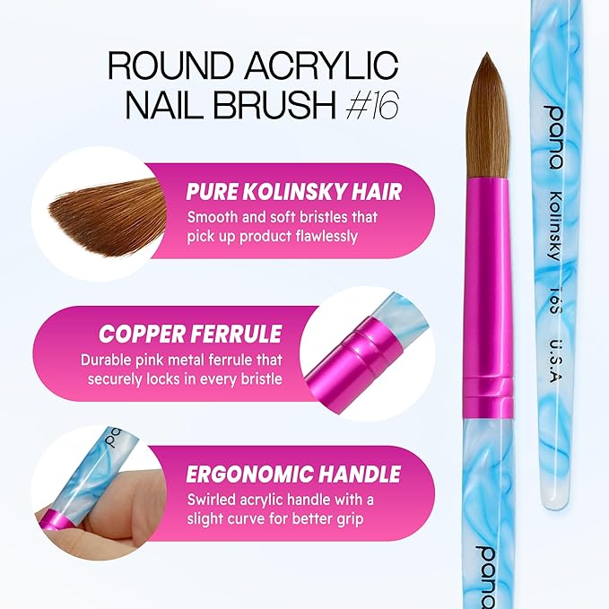 PANA Pure Kolinsky Hair Acrylic Nail Brush - Round Shape Pink Ferrule with White Swirl Blue Handle (Size 16)