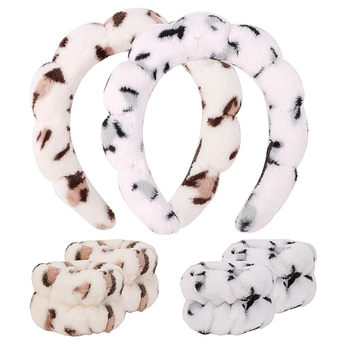 SPA Headbands for Washing Face Makeup Headbands with Bow Hair Band Women Facial Head Band Wrist Towel Wraps For Shower Face Mask Leopard, 6 Pack
