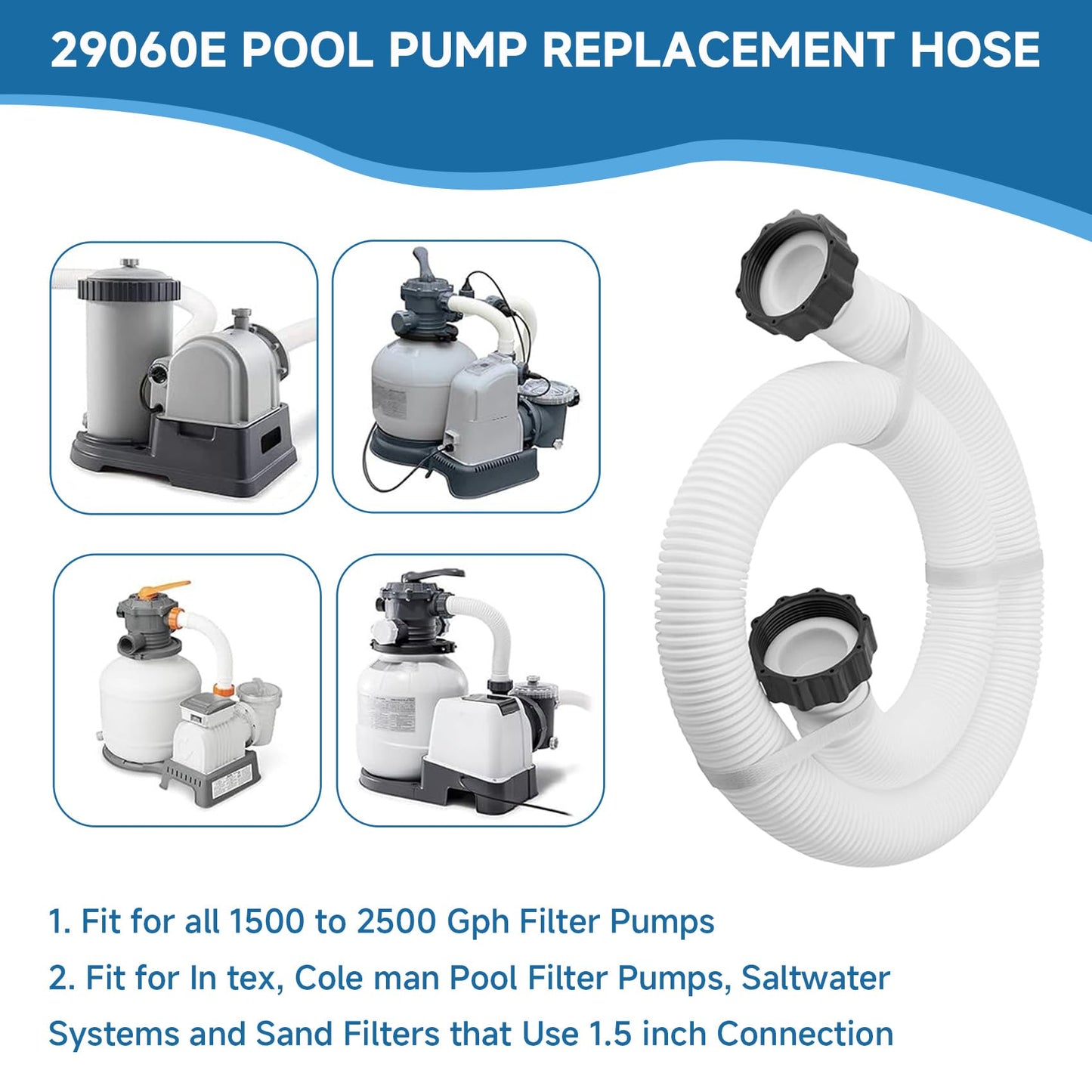 1.5 Inch Pool Hoses for Above Ground Pools, 1.5'' x 59" Sand Filter Hose Accessories, Pool Pump Hose Replacement Compatible with Intex Coleman Bestway Filters & Saltwater Systems, 2 Pack
