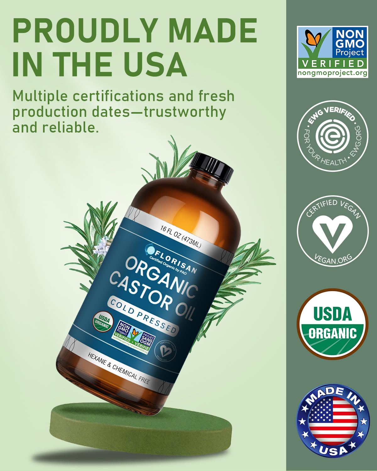 Florisan Organic Castor Oil 16oz Glass Bottle, Cold Pressed, Hexane-Free, Non-GMO, 100% Pure Castor Oil for Hair Growth, Skin, Lashes, Eyebrows, EWG Verified & USDA Organic Certified
