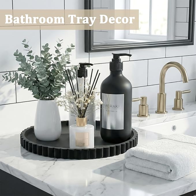 Silicone Bathroom Vanity Tray, Modern Round Decorative Tray for Countertop, Waterproof & Unbreakable Cosmetic Perfume Organizer, Extra-Thick & Sturdy, Easy to Clean Candle Tray (Black, 10 inch)