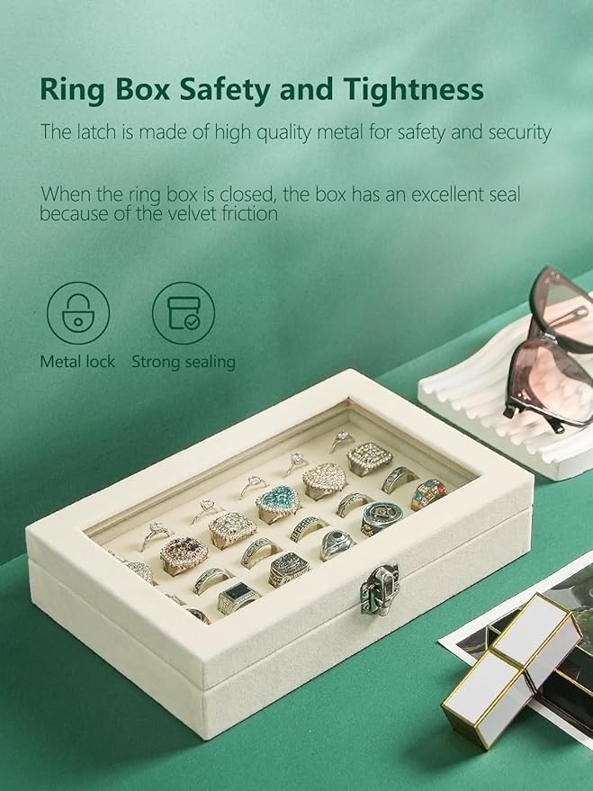 Ring Holder Organizer Box,Jewelry Ring Display Case, Earring Necklace Storage Tray With Top Glass Lid (Beige, 30 Slots Ring)