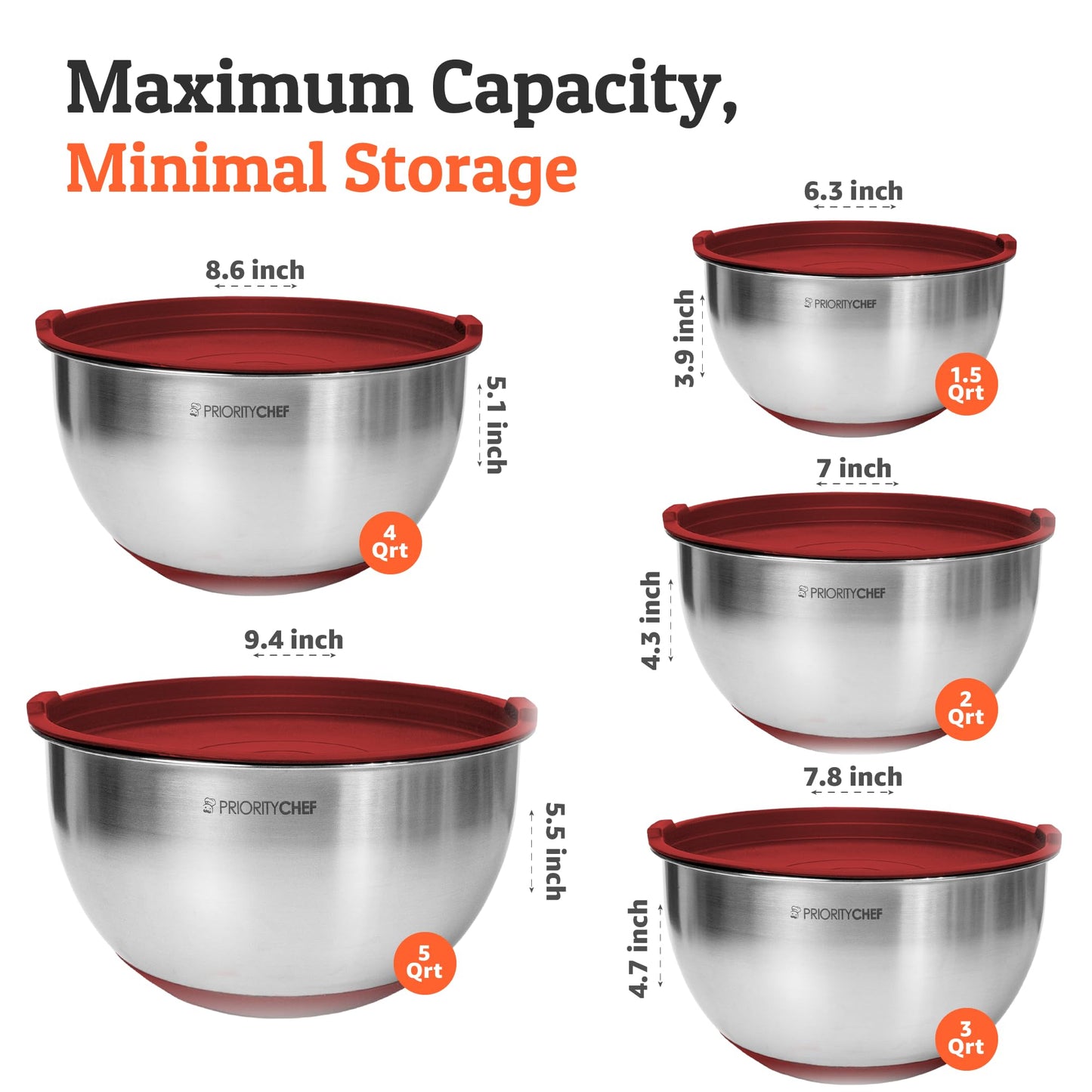 Priority Chef Premium Mixing Bowls With Airtight Lids Set, Thicker Stainless Steel Mixing Bowl Set, Large Prep Metal Bowls with Lids, Nesting Bowls for Kitchen, 1.5/2/3/4/5 Qrt, Red