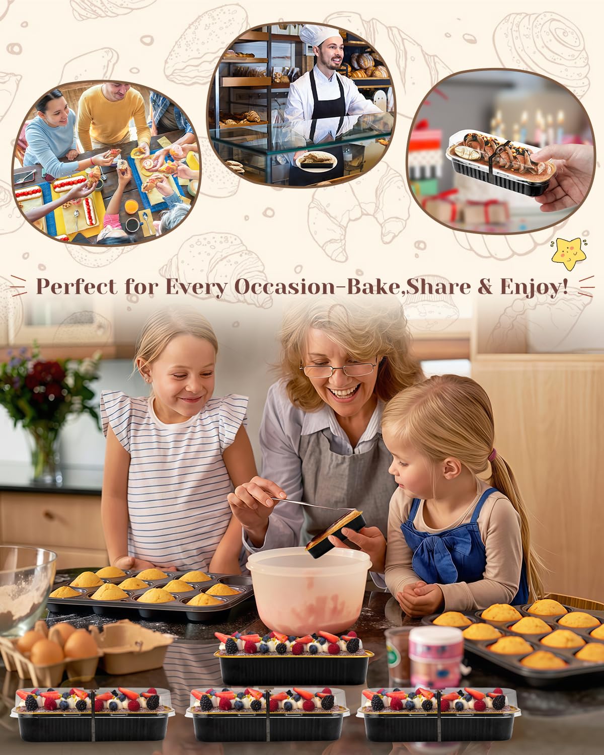 YQER 100 Pack Mini Loaf Pans with Lids, Spoons & Stickers – Disposable Aluminum Foil Baking Cake Containers for Oven, Air Fryer & Freezer – Ideal for Cakes, Bread, Pudding, Parties & Gifting, Black