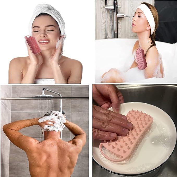 2Pack Dual Sided Silicone Body Scrubber for Exfoliating, Shower and Scalp Massage, 2 in 1 Bath & Shampoo Brush,Soft Exfoliating Body Shower Scrubber Brush (Pink&Blue)