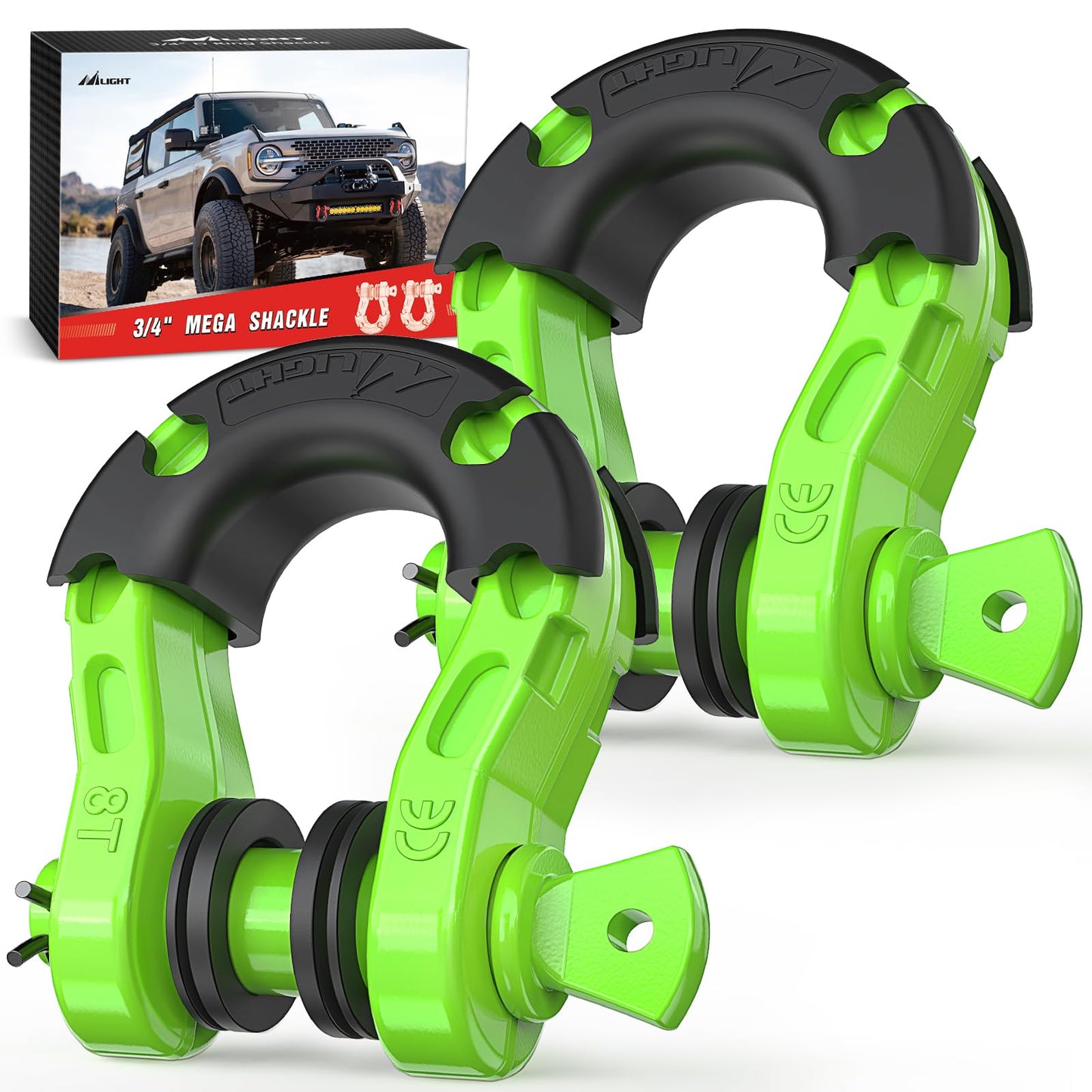 Nilight Heavy Duty Mega D-Ring Shackles(2 Pack) 68,000 lb Break Strength(17,000 lb WLL) w/ 7/8″ Screw Pin & Washers, Forged Steel Off-Road Recovery Shackles for Tow Strap & Winch Gear, Green