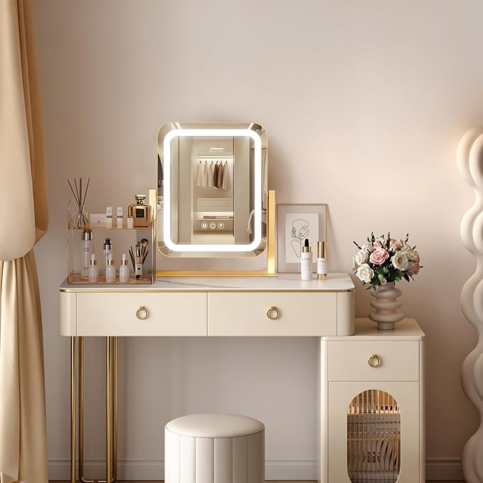 Gold Vanity Mirror with Lights 15"×13", Led Makeup Mirror, Lighted Makeup Mirror with 3 Color Dimmable Lights, Smart Touch Screen Control, 360°Rotation
