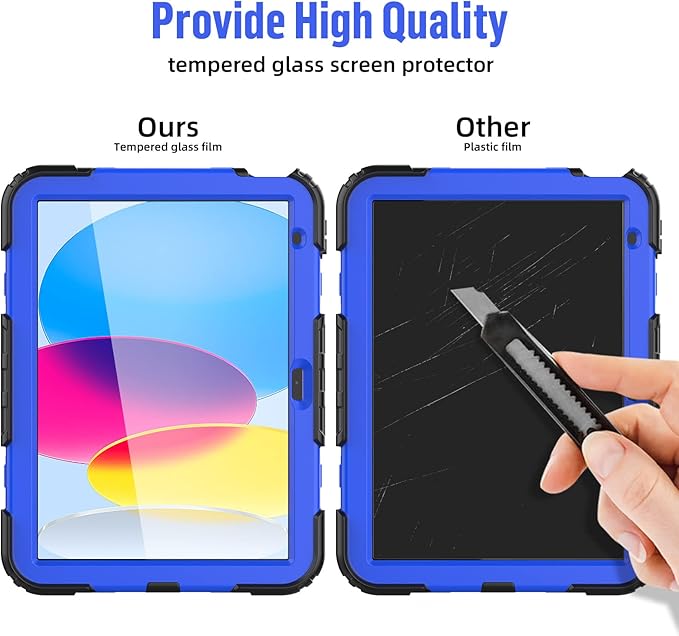 BLOSOMEET Case for iPad A16 11th/10th Generation 11''/10.9'' 2025/2022 with Tempered Glass Screen Protector & Pencil Holder, Rugged Military Grade Cover w/Stand Hand Shoulder Strap, Blue