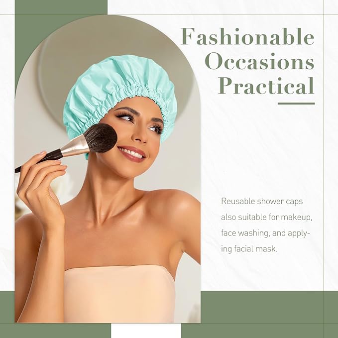 Reusable Shower Cap for Women, Large Waterproof Shower Bonnet with Elastic Band, Washable Bath Hair Cap for Long, Curly Hair, Braids, Daily Shower, Home Spa, Travel(Mint Green)