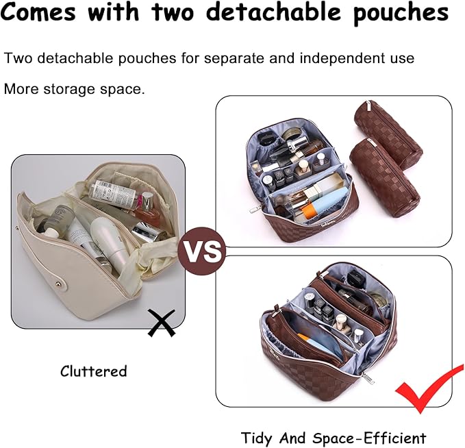 BOYATU Travel Makeup Bag Organizer Cosmetic Bag: 3 Pcs Set Make up Bags for Women with Handle - Waterproof Vegan Leather Toiletry Bags Travel Essentials Pouch with Compartments (03-A-Coffee)