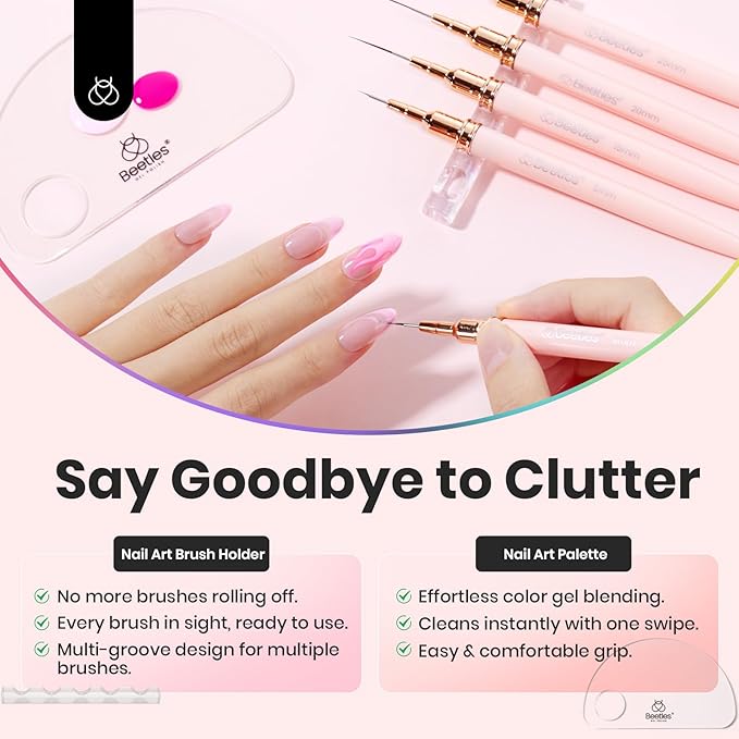 Beetles Gel Polish Nail Art Pens, 5pcs Nail Art Brushes Liner Brushes for Nails Pink Liner Sizes 5/9/15/20/25mm with Palette Holder Painting Manicure Design Tools for Long Lines, Details, Fine Drawing