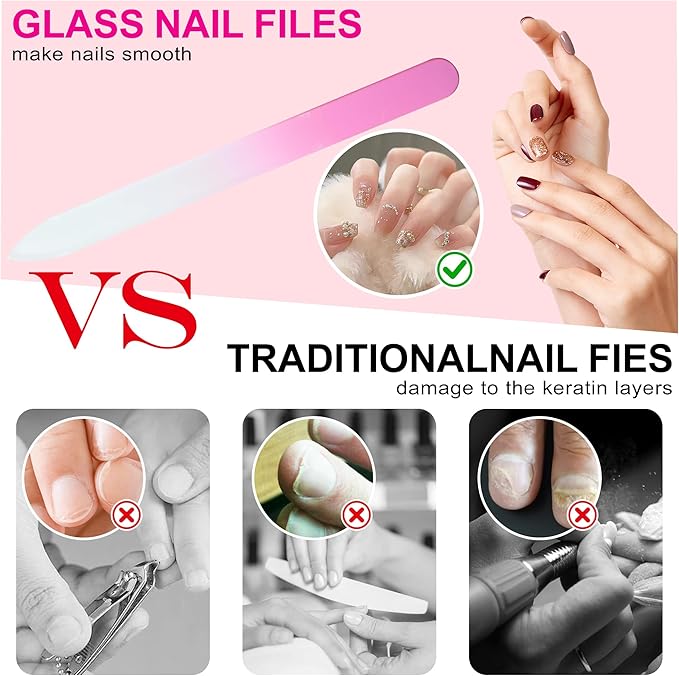 6 Pack Glass Nail File with Case, Professional Nail Files for Natural Nails, Double Sided Crystal Nail File,Nail File Kit for Girls Women Adults Birthday Christmas Gifts Stocking Stuffers (MIX-001)