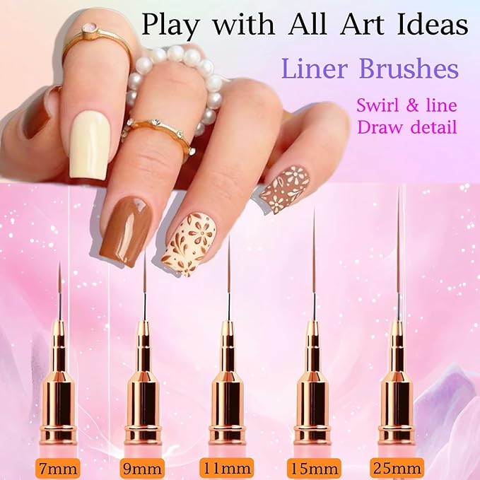 8Pcs Nail Art Brushes with 5pcs Nail Art Liner Brushes(Sizes 7/9/11/15/25 mm) and 3pcs Nail Art Clean Up Brushes, for Nail Design Painting DIY And Clean Polish Mistake On The Cuticles