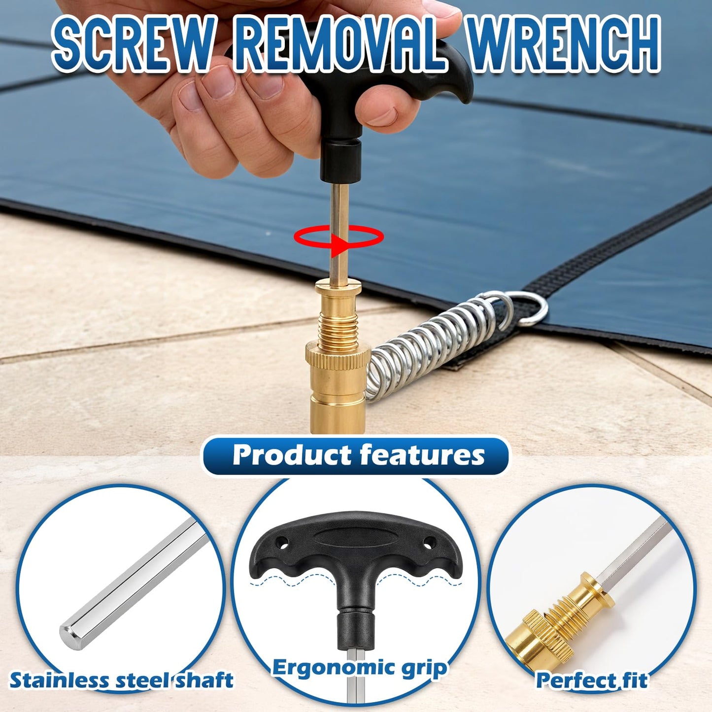 YUNVI Pool Cover Tool Set,30 1/2 inch Stainless Steel Pool Cover Rod with Hex Key,Swimming Pool Cover Installation and Removal Tool for Standard Pool Cover Anchors