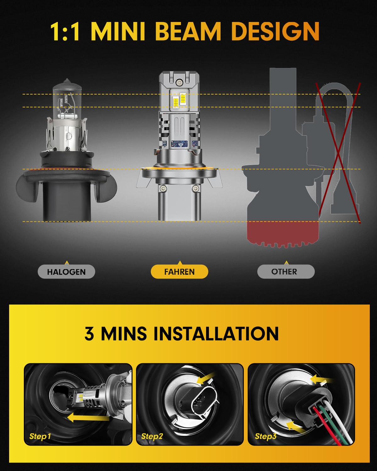 FAHREN Latest & Brightest H13 LED Bulbs, (1,200%) 12X 90,000LM Extreme Brightness 9008 bulb, 6500K Cool White, 1:1 Min Size,IP68 Waterproof,Pack of 2,Fog Bulbs HID,Plug-N-Play.
