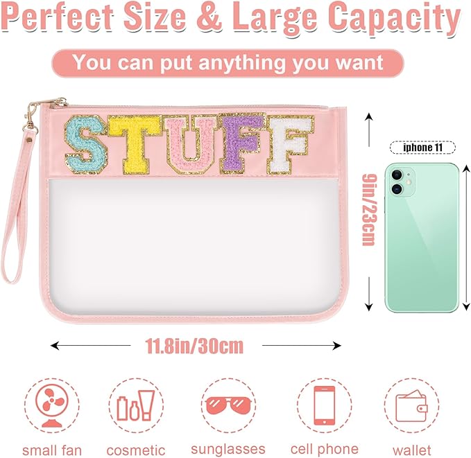 Izuzta Chenille Letter Clear Bag Stuff Purse, Monogram PVC & PU Zipper Pouch With Wristlet, Waterproof Portable Glitter Snacks Makeup Beach Toiletry Bag for Women Girls (STUFF-Pink)