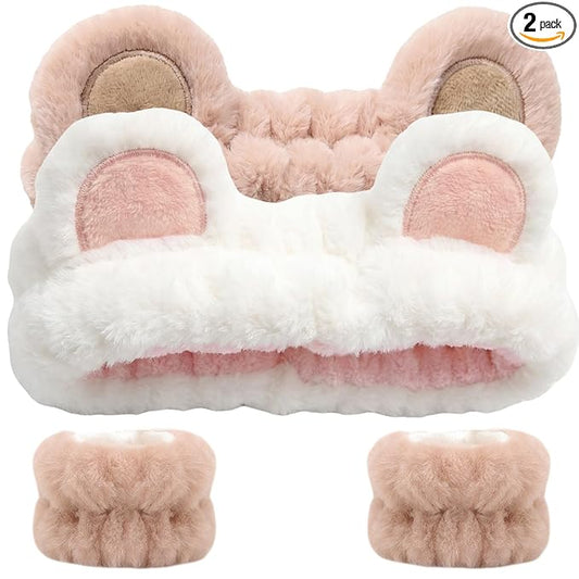 Bear Ears Headband, Cute Spa Headband and Wristband Set Washing Face Skincare Makeup Headbands for Women Girls Trendy Stuff Present Soft Coral Fleece Hair Accessories(Khaki + White)