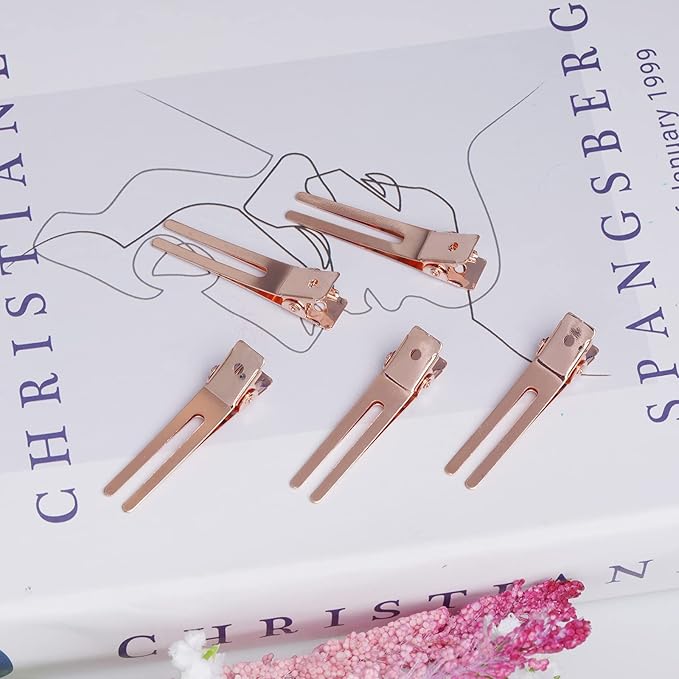 50pcs Hairdressing Double Prong Curl Clips, Wobe 1.8" Styling Section Metal Alligator Clips for Curling and Bows, Salon and Barber Use (Rose Gold)